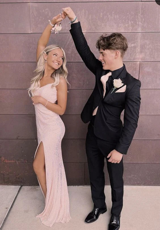 TingPo Wholesale Shiny Mermaid Pink Slit Long Prom Dresses Formal Dress